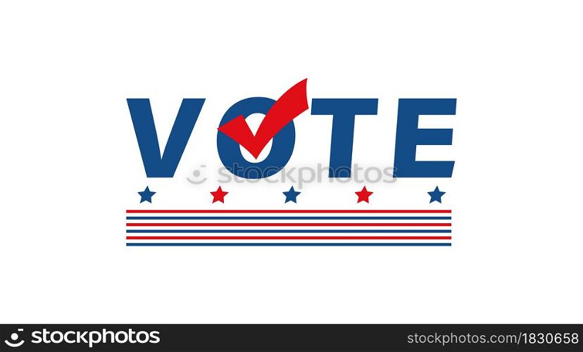 Vote in USA political poster. Flat patriotic colors banner with slats and checkmark. Voting campaign vector logo illustration