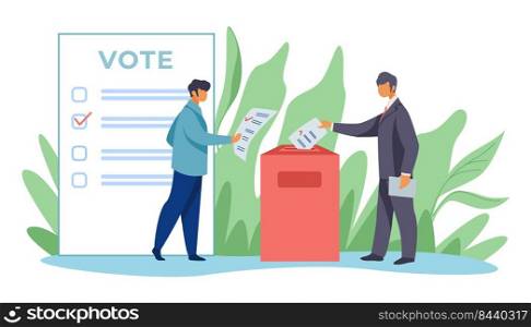 Voters inserting forms into ballot boxes. Presidential, congress, government election flat vector illustration. Democracy, poll, c&aign concept for banner, website design or landing web page