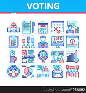 Voting And Election Collection Icons Set Vector Thin Line. Congress Building And Monitor, Calendar And Human Silhouette Democracy Voting Concept Linear Pictograms. Color Contour Illustrations. Voting And Election Collection Icons Set Vector
