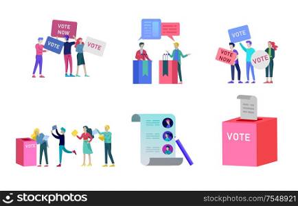 Voting and Election concept. Pre-election campaign. Promotion and advertising of candidate. Citizens debating candidates for voting and voting Online voting and election concept with people.. Voting and Election concept. Pre-election campaign. Promotion and advertising of candidate.