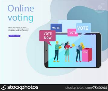 Voting and Election concept. Pre-election campaign. Promotion and advertising of candidate. Citizens debating candidate. Online voting and election concept with people.. Voting and Election concept. Pre-election campaign. Promotion and advertising of candidate.