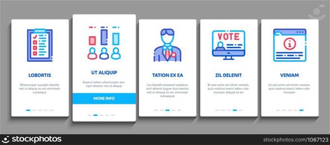 Voting And Election Onboarding Mobile App Page Screen Vector Thin Line. Congress Building And Monitor, Calendar And Human Silhouette Democracy Voting Concept Linear Pictograms. Contour Illustrations. Voting And Election Onboarding Set Vector