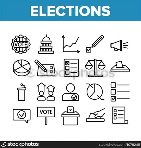 Voting And Elections Collection Icons Set Vector Thin Line. Including Ballot Voiting Box, Vote And Justice, Campaign And Congress Concept Linear Pictograms. Monochrome Contour Illustrations. Voting And Elections Collection Icons Set Vector
