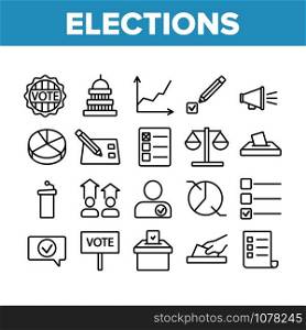 Voting And Elections Collection Icons Set Vector Thin Line. Including Ballot Voiting Box, Vote And Justice, Campaign And Congress Concept Linear Pictograms. Monochrome Contour Illustrations. Voting And Elections Collection Icons Set Vector