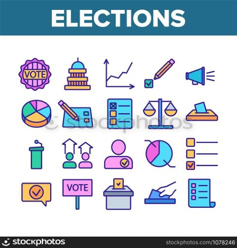 Voting And Elections Collection Icons Set Vector Thin Line. Including Ballot Voiting Box, Vote And Justice, Campaign And Congress Concept Linear Pictograms. Color Contour Illustrations. Voting And Elections Collection Icons Set Vector