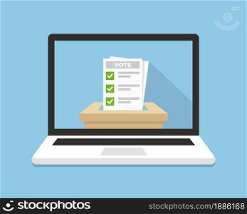 Voting background. Vote ballot going into a box in laptop screen. Online, electronic voting concept. Your vote matters concept. Vector illustration.. Voting background. Vote ballot going into a box in laptop screen.