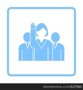Voting Lady With Men Behind Icon. Blue Frame Design. Vector Illustration.