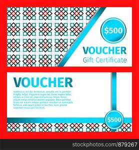 Voucher certificate modern template. Blue ribbons on the geometric patterned background. Vector illustration. Voucher certificate modern template