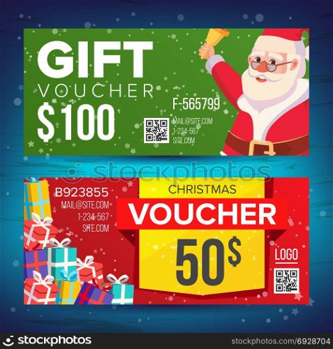 Voucher Coupon Template Vector. Horizontal Leaflet Offer. Merry Christmas. Happy New Year. Santa Claus And Gifts. Promotion Advertisement. Free Gift Illustration. Gift Voucher Vector. Horizontal Coupon. Merry Christmas. Happy New Year. Santa Claus And Gifts. Shopping Advertisement. Business Gift Illustration