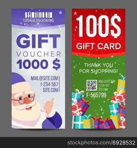 Voucher Coupon Template Vector. Vertical Leaflet Offer. Merry Christmas. Happy New Year. Santa Claus And Gifts. Promotion Advertisement. Free Gift Illustration. Gift Voucher Vector. Vertical Coupon. Merry Christmas. Happy New Year. Santa Claus And Gifts. Shopping Advertisement. Business Gift Illustration
