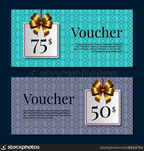 Voucher on 50-75  set of posters with gold tags label on ribbons with bow on abstract blue and purple Gift certificates with place for text vector. Voucher on 50 -75  Set of Posters Gold Tags Label