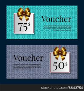 Voucher on 50-75  set of posters with gold tags label on ribbons with bow on abstract blue and purple Gift certificates with place for text vector. Voucher on 50 -75  Set of Posters Gold Tags Label