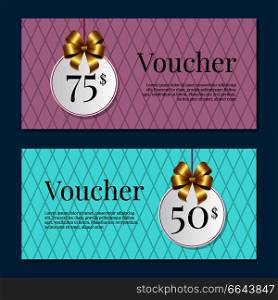 Voucher on 50-75$ set of posters with gold tags label on ribbons with bow on abstract blue and purple. Gift certificates with place for text vector. Voucher on 50 -75$ Set of Posters Gold Tags Label