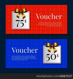 Voucher on 50-75$ set of posters with gold tags label on ribbons with bow on abstract blue and orange. Gift certificates with place for text vector. Voucher on 50 -75$ Set of Posters Gold Tags Label