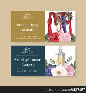 Voucher tempa<e with red navy wedding concept,watercolor sty≤