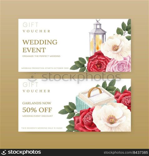Voucher tempalte with red navy wedding concept,watercolor style 