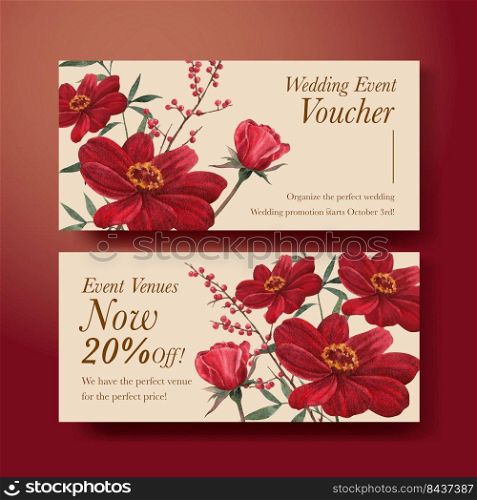 Voucher tempalte with red navy wedding concept,watercolor style 