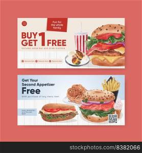 Voucher template with American foods concept,watercolor style 
