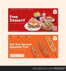 Voucher template with American foods concept,watercolor style
