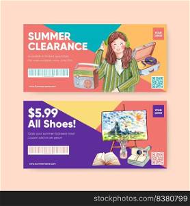 Voucher template with beautiful life summer concept,watercolor style 