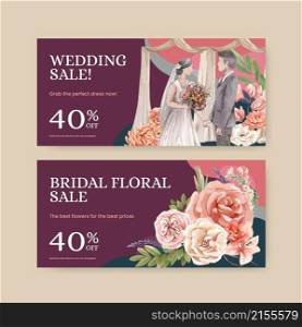 Voucher template with boho flower wedding concept,watercolor style