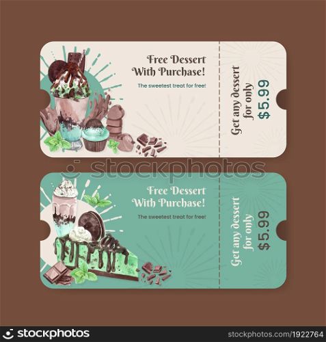 Voucher template with chocolate mint dessert concept,watercolor style