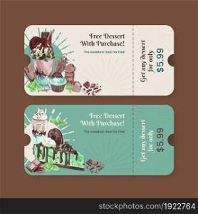 Voucher template with chocolate mint dessert concept,watercolor style