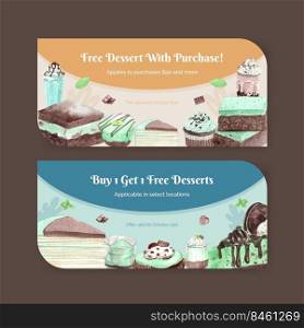 Voucher template with chocolate mint dessert concept,watercolor style 