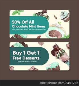 Voucher template with chocolate mint dessert concept,watercolor style 