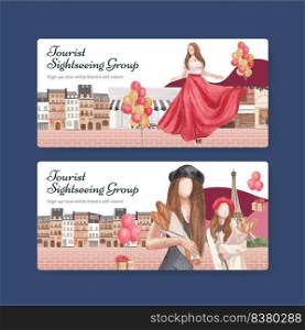 Voucher template with Eifel in Paris lover concept,watercolor style
