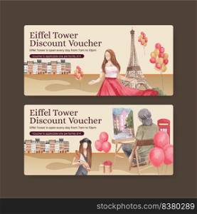 Voucher template with Eifel in Paris lover concept,watercolor style
