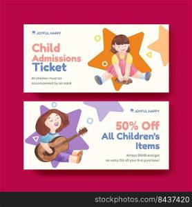 Voucher template with happy children concept,watercolor style 