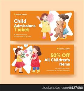 Voucher template with happy children concept,watercolor style 