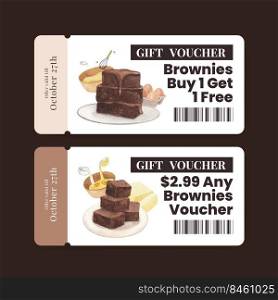 Voucher template with homemade brownie concept,watercolor style 