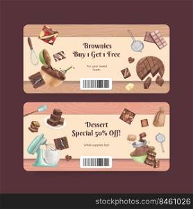 Voucher template with homemade brownie concept,watercolor style 