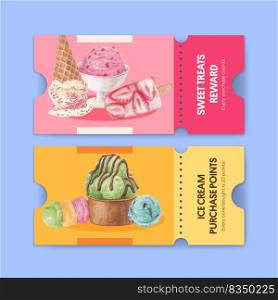 Voucher template with ice cream flavor concept,watercolor style
