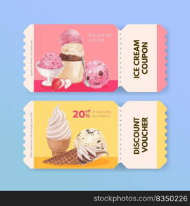 Voucher template with ice cream flavor concept,watercolor style
