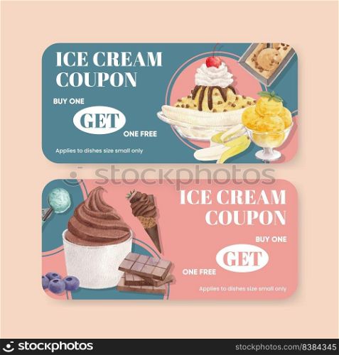 Voucher template with ice cream flavor concept,watercolor style 