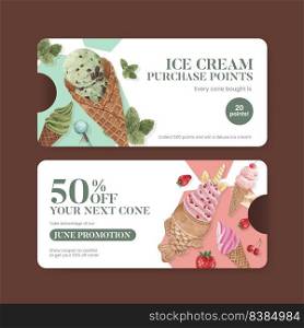 Voucher template with ice cream flavor concept,watercolor style 
