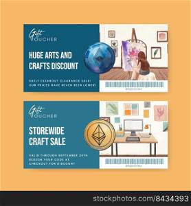 Voucher template with international artists day concept,watercolor style 