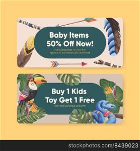 Voucher template with jungle tribal animal concept,watercolor style 