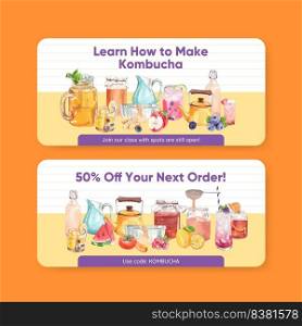 Voucher template with Kombucha drink concept,watercolor style

