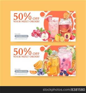 Voucher template with Kombucha drink concept,watercolor style 