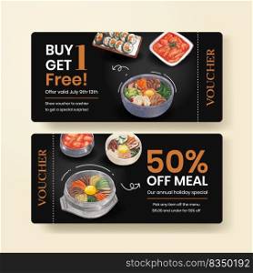 Voucher template with Korean foods concept,watercolor style 