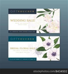 Voucher template with lilac violet wedding concept,watercolor style
