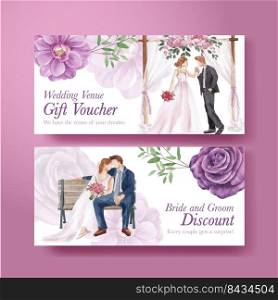 Voucher template with lilac violet wedding concept,watercolor style 