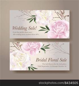 Voucher template with lilac violet wedding concept,watercolor style

