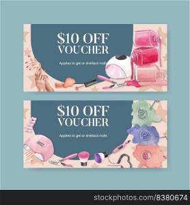 Voucher template with nail salon concept,watercolor style  