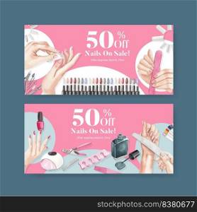 Voucher template with nail salon concept,watercolor style

