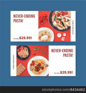 Voucher template with pasta cancept,watercolor style 
